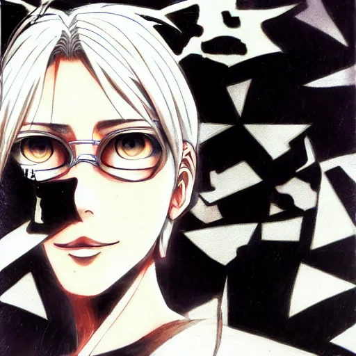 Image similar to Yoshitaka Amano style portrait of an anime girl with short white hair and eyepatch wearing suit with patterns, abstract black and white background, film grain effect, highly detailed, oil painting