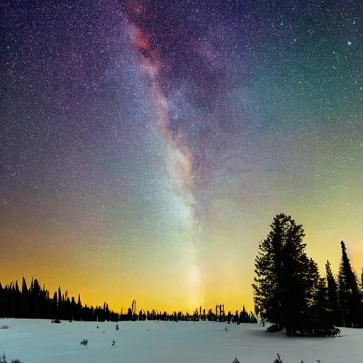 Prompt: silhouettes of pine trees in front of Milky Way galaxy, beautiful nature photography, Astrophotography, award winning