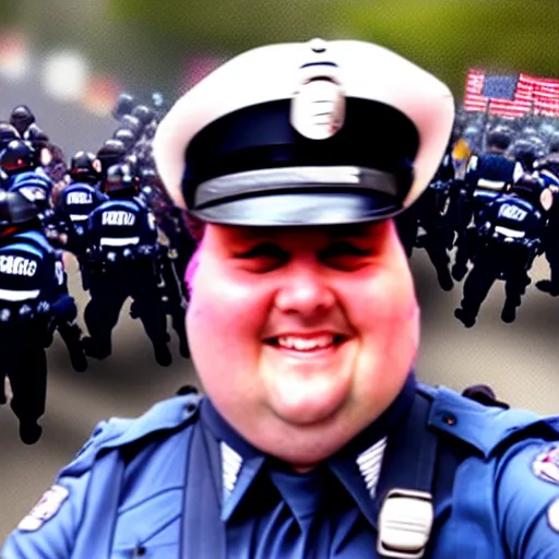 Image similar to chubby cop takes a smiling selfie in front of a riot, high detail, full focus, time magazine 2 0 2 2