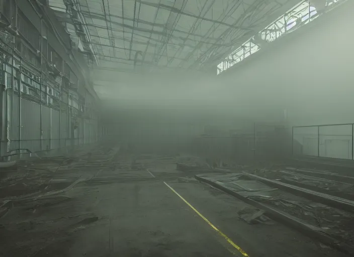 Prompt: enormous machine standing alone in a factory, green ambient light, light fog, creepy, cinematic still, 4k,