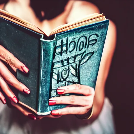 Prompt: terrified woman holding a book with monster hands coming from it, horror high quality DSLR photography