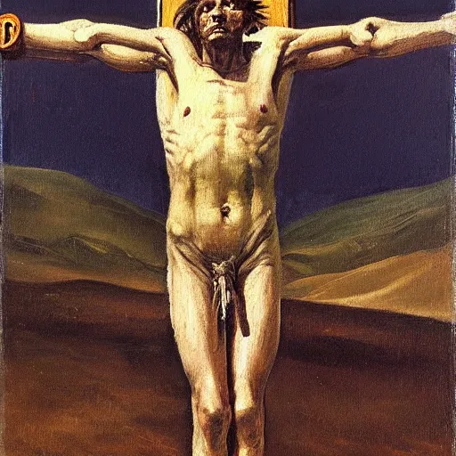 Prompt: Oil painting of a man in a crucified on a wooden cross by Lucian Freud, Abstract brush strokes, Masterpiece, Edward Hopper and James Gilleard, Zdzislaw Beksinski, Mark Ryden, Wolfgang Lettl highly detailed, hints of Yayoi Kasuma