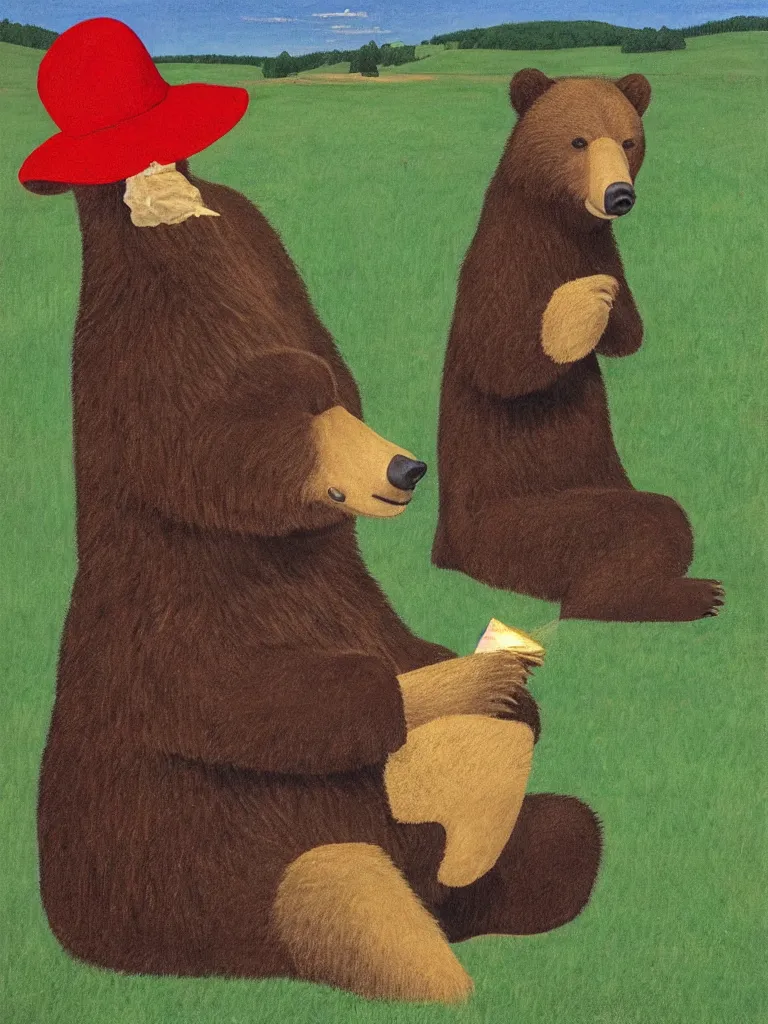 Prompt: A grizzly bear wearing a bright red hat sitting upright while eating a slice of cake outside in a lush green field, pastel colors, long shadows. Painting by Alex Colville, Piero della Francesca