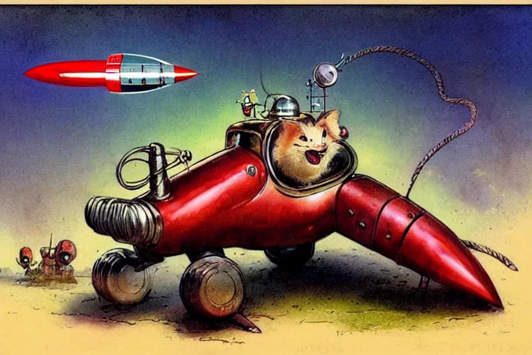 Image similar to adventurer. 1 9 5 0 s retro future robot android mouse rv rocket sled robot. muted colors.. by jean baptiste monge. chrome red