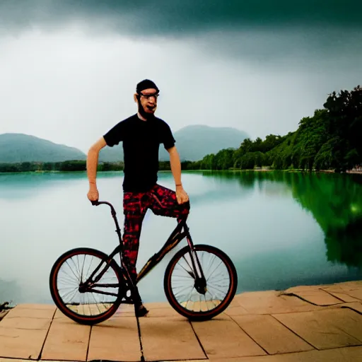 Prompt: cartoon hipster budista monk riding a fixed gear bike around a lake on a cloudy day