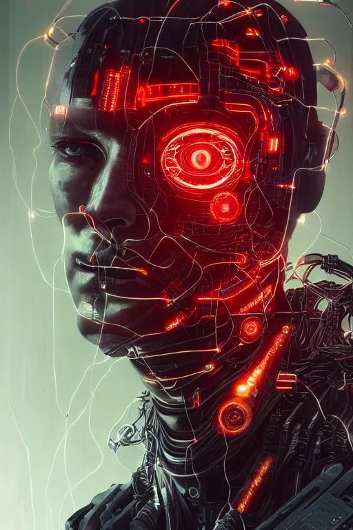 Prompt: head and shoulders render of man cyberpunk face ((single_glowing_red_eye red_emissives!)) android face mecha, inhuman creepy intimidating, exposed cable bundle. intricate wiring and black circuit board detailed. Tom Bagshaw and Greg Rutkowski and Alphonse Mucha Bladerunner 2049 artstation trending 165mm