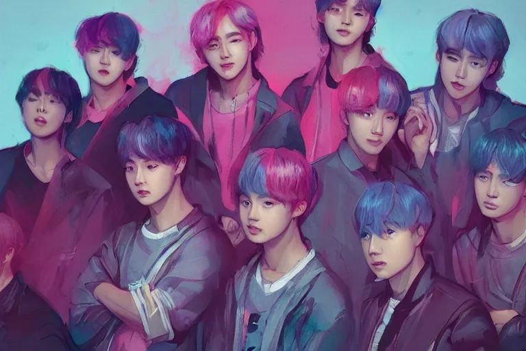 Prompt: “ a portrait of 7 members of bts band, rainy background, pink bright art masterpiece artstation. 8 k, sharp high quality artwork in style of jose daniel cabrera pena and greg rutkowski, concept art by tooth wu, hearthstone card game artwork. ”