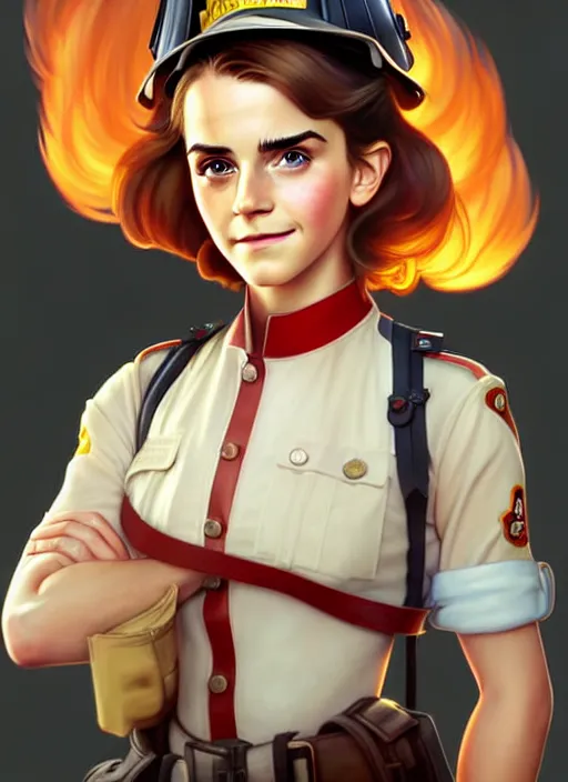 Image similar to cute colonel emma watson firefighter, natural lighting, path traced, highly detailed, high quality, digital painting, by don bluth and ross tran and studio ghibli and alphonse mucha, artgerm