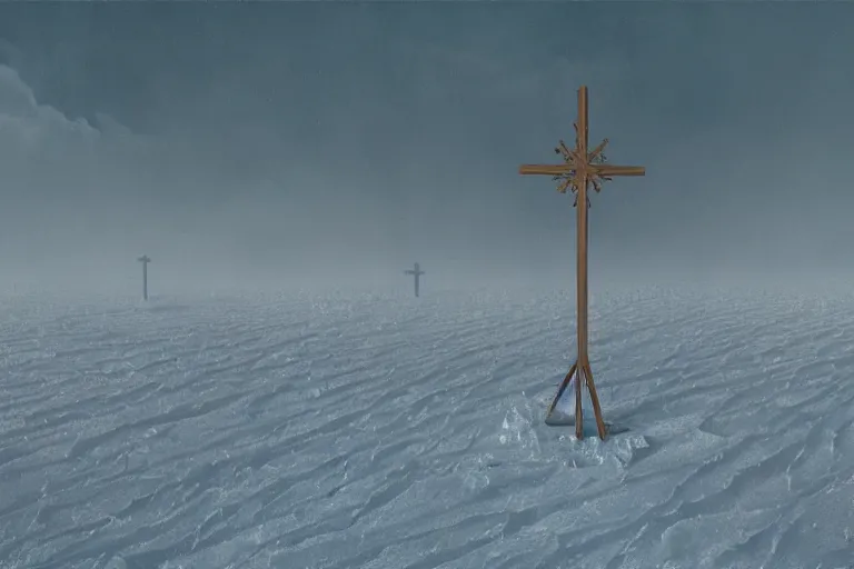 Prompt: a cross set on fire on a snow covered field, surreal frozen landscape, painting by beeple and zdzisław beksinski, a matte painting by li shida, cgsociety, context art, redshift, matte painting, reimagined by industrial light and magic