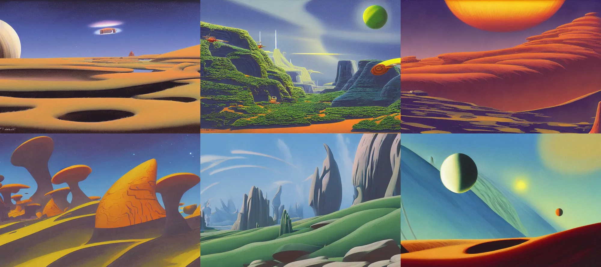 Prompt: To-Sua landscape in the style of Dr. Seuss, starships, painting by Ralph McQuarrie