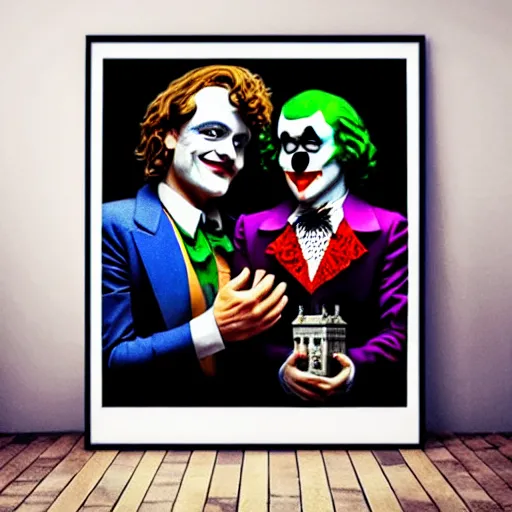 Image similar to ilya yefimovich repin and mimmo rottela and banksy as joaquin phoenix skinny joker, holding lady gaga harley queen hand, ultra photorealistic, intricate details, pop art style, concept art, confident posse, justify content center, 2 colours, warm color, 4 k, 4 d, ultra smooth, sharp focus,