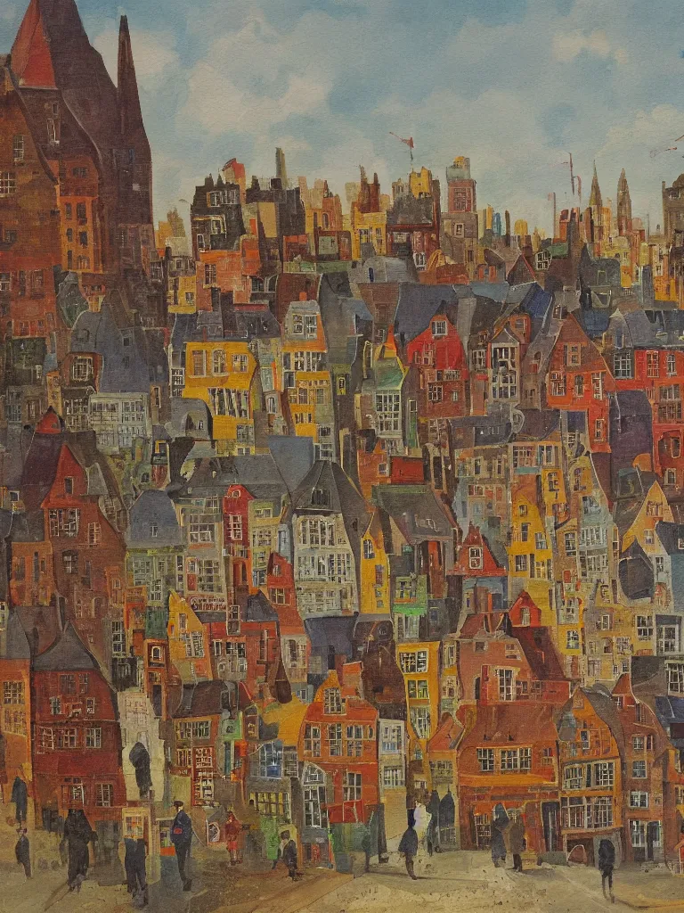 Image similar to a colorful painting of a cityview in the style of Raymond Heere, kleurrijke stadsgezichten