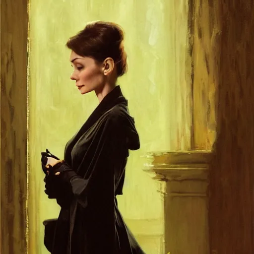 Prompt: detailed realistic cinematic wide shot of beautiful attractive audrey hepburn vampire woman wearing black bath robe slim face symettrical face clean skin black eyes black robe smooth, sharp focus, ultra realistic, spring light, painting by gaston bussiere, craig mullins, j. c. leyendecker