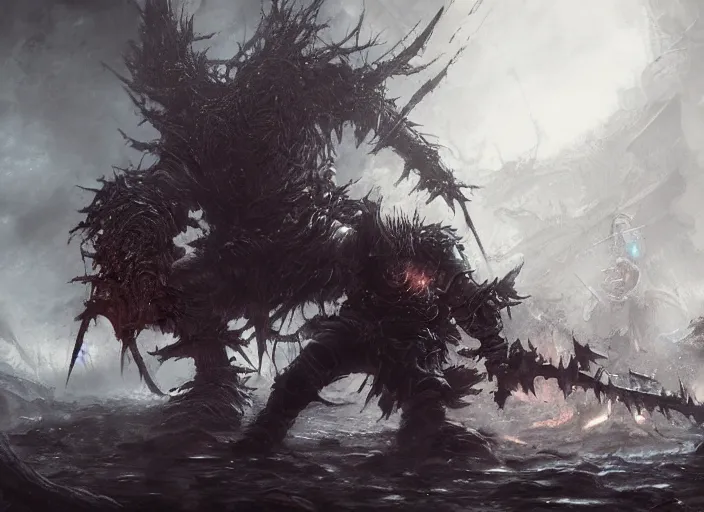 Prompt: dark souls and elden ring bosses fight against each other, hyper detailed, 8 k, trending on artstation, by artem demura, by jin kagetsu, by karanak