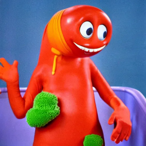 Image similar to an anthropomorphic intestine in a bathtub, live-action children's television show, 1974, technicolor