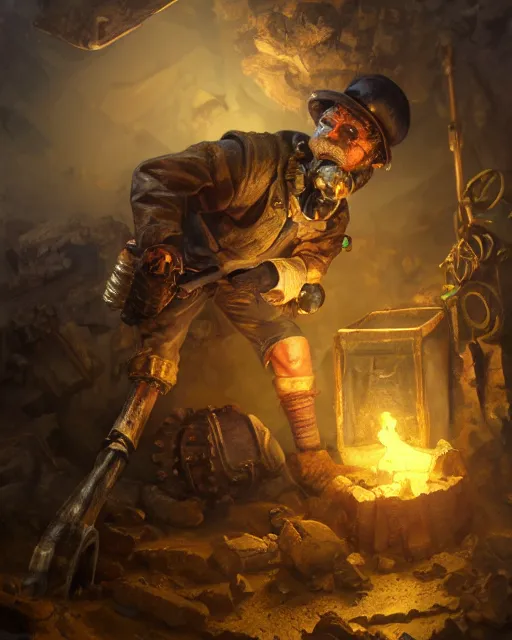 Prompt: oil painting of hamster miner mining gold with pickaxe, steampunk style, close shot, full body, narrow dark steampunk mine shaft background, sharp focus, fantasy style, octane render, volumetric lighting, 8k high definition, by greg rutkowski, highly detailed, trending on art Station, dungeons and dragons artwork, centered