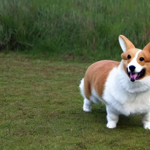 Image similar to a corgi in shape of a llama running around in the pasture, realistic