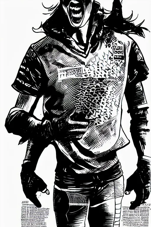 Prompt: jamie vardy as an edgerunner, standing heroically, a page from cyberpunk 2 0 2 0, style of paolo parente, style of mike jackson, adam smasher, johnny silverhand, 1 9 9 0 s comic book style, white background, ink drawing, black and white