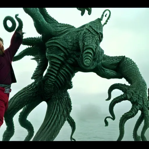 Image similar to chuck norris Fight with the giants cthulhu, cgi