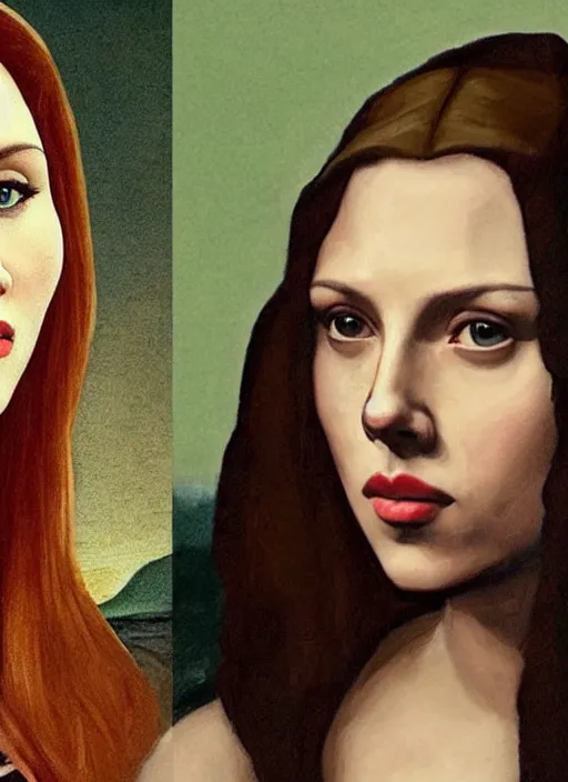 Prompt: scarlett johansson ( ( painted as ( ( ( mona lisa ) ) ) ) ) but it's scarlett johansson ( ( ( ( ( ( gioconda ) ) ) ) ) )