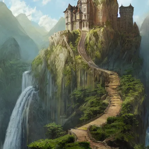 Image similar to A beautiful digital painting of a castle, waterfall, lovely valley by Stanley Artgerm Lau, frank frazetta, Rossdraws, James Jean, gerald brom, Andrei Riabovitchev, Marc Simonetti, and Sakimichan, trending on artstation