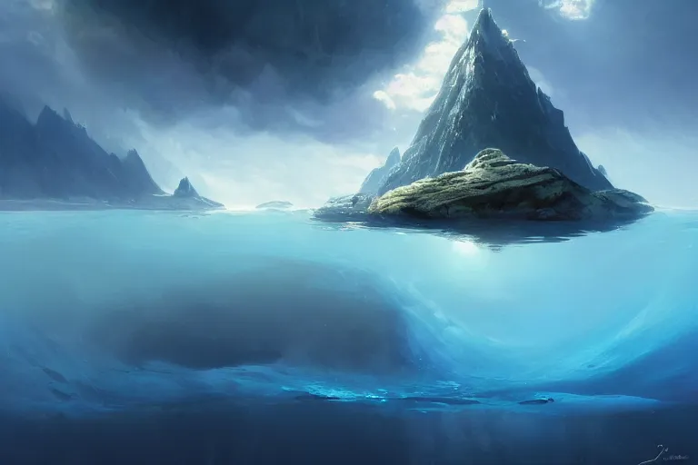 Prompt: a mountain floats upside down in the blue ocean from underwater cinematic fantasy painting by jessica rossier