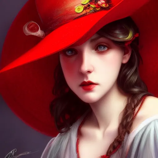 Image similar to a red hat, artstation, Grim fantasy,emotional, EOS R5, f/2.5 , illustration , concept art, award winning photograph, 8k, Alphonse Mucha style,