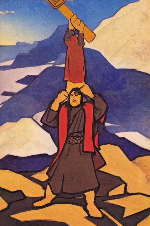 Image similar to thor holding the hammer, stay on mountain, marvel, artwork by nicholas roerich,