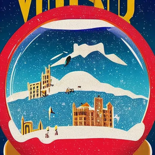 Image similar to art decò travel poster for a tiny world inside a snowglobe