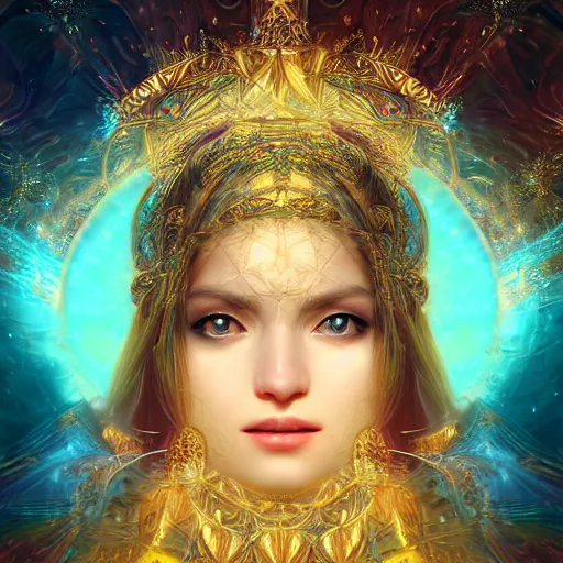 Image similar to highly detailed digital painting portrait of a beautiful goddess by wlop, bright light emerging from her eyes, with small diadem, with lots of thin ornaments, curves and chaotic fractal art inlays, intricate, 8 k, golden aura, cinematic light, background atmospheric effects, sparkles, light rays, mixed with mucha style