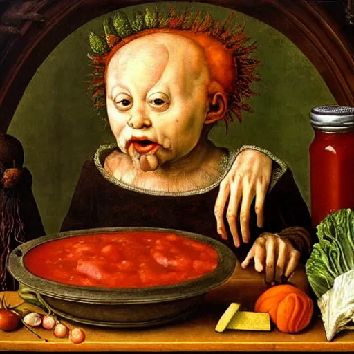 Prompt: a boy sitting in a tub full of ketchup, a lot of cabbage, dinner is served, by giuseppe arcimboldo and ambrosius benson, renaissance, fruit, intricate and intense oil paint, realistic