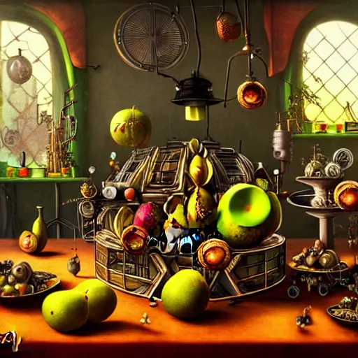 Prompt: hyperdetailed standalone fruit on a table. cyberpunk steampunk solarpunk in the style of a childrenbook illustration and. maximalist mixed media. matte background in natural tones. 8 x hd in the style of pieter claesz, jacob van es, juan sanchez cotan, jean - baptiste belin.