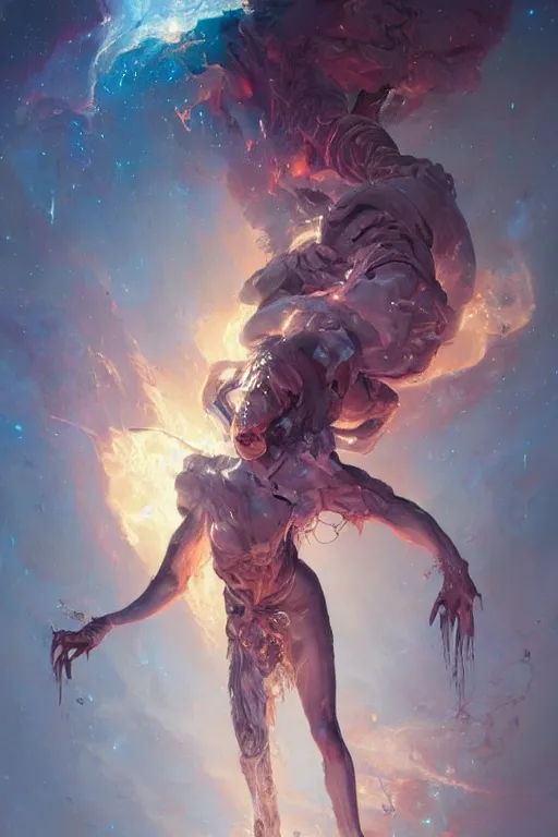 Image similar to the look of a young person, necromancer, witch - doctor covered with ice exploding into fire, full of wrinkles and imperfections, electricity highly detailed, high contrast, light reflection, trippy, nebula, trending on artstation by artgem, by peter mohrbacher, by wlop, by ruan jia