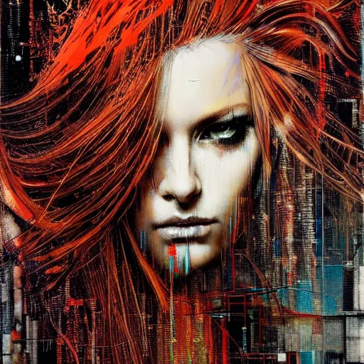 Prompt: hyperrealistic portrait of a mysterious cyberpunk woman with flowing hair, by Guy Denning, Russ Mills, beautiful, elusive, glitch art, hacking effects, glitch effects, brown eyes, digital tech effects, cybernetics, detailed lines, intricate detail, holographic, polished, chromatic, clear, color blocking, acrylic on canvas, octane, concept art, abstract, red face, front view, 8k, masterpiece, cgsociety, trending on artstation