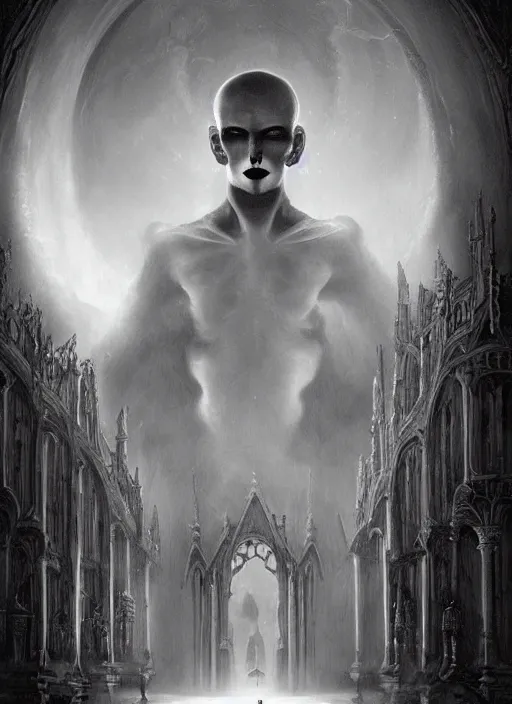 Image similar to By Tom Bagshaw, ultra realist soft painting of a gothic crypt by night, male vampire smile, horror, omnious sky, symmetry accurate features, very intricate details, black and white, volumetric light clouds