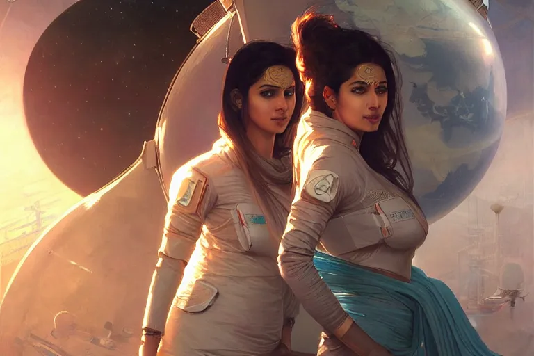 Image similar to Sensual beautiful female pale young Indian doctors wearing Deus Ex Human Revolution clothing in a space station above Earth, portrait, elegant, intricate, digital painting, artstation, concept art, smooth, sharp focus, illustration, art by artgerm and greg rutkowski and alphonse mucha