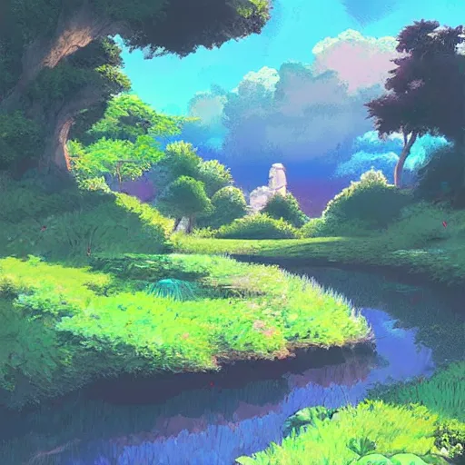 Image similar to beautiful landscape by Studio Ghibli, digital art