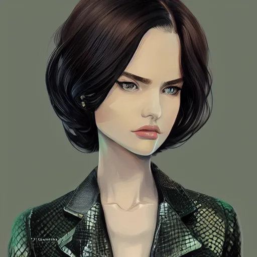 Image similar to cute beautiful decisive girl in jacket suit with snake print over bare skin, elegant, 2d, ultra highly detailed, digital painting, smooth, sharp focus, artstation, pixiv, art by Ilya Kuvshinov