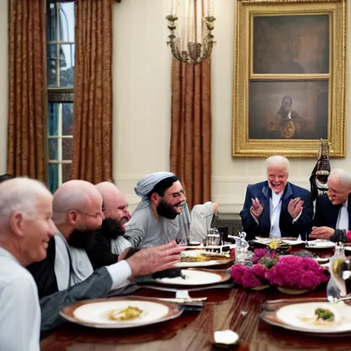 Image similar to 4 k hdr portrait wide angle photo of president joe biden laughing at a dinner table meeting surrounded by taliban terrorist leaders