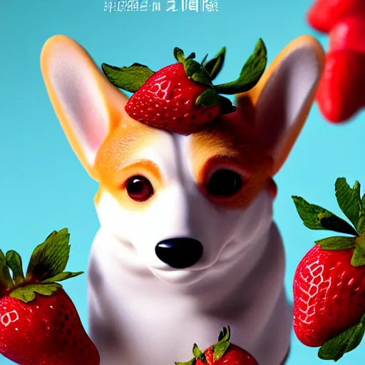 Image similar to corgi made of strawberry, in strawberry jam : ornate, dynamic, particulate, intricate, elegant, highly detailed, centered, artstation, smooth, sharp focus, octane render