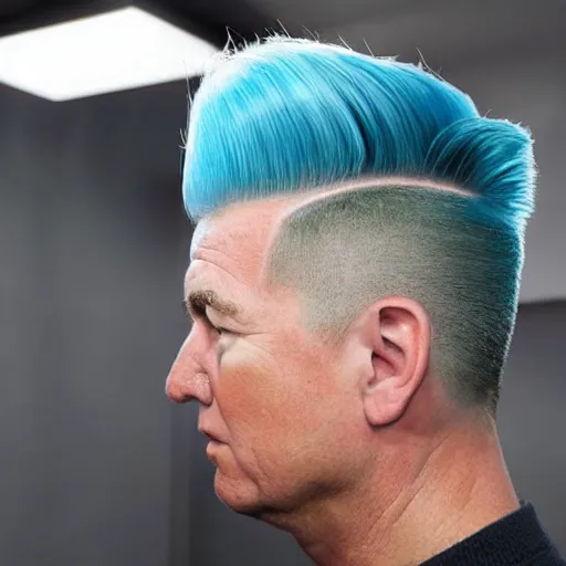 Prompt: press photo of donald trump, with a trendy hip tiktok hairstyle side burns fauxhawk gelled blue, soft studio lighting