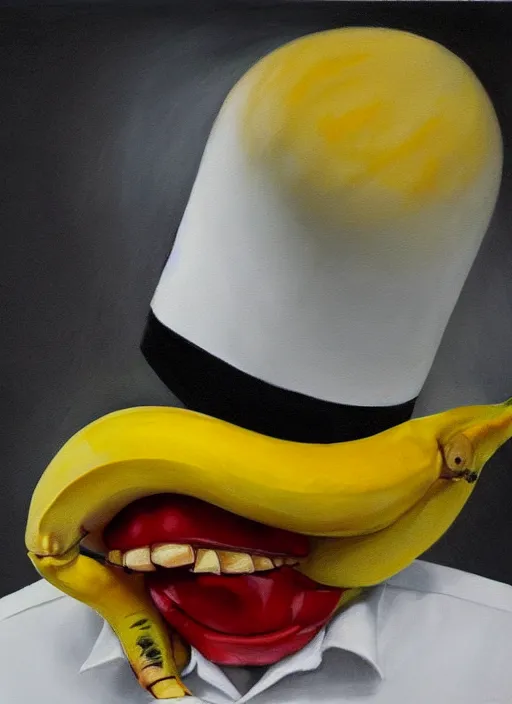 Image similar to hyper realistic painting of an anthropomorphic banana with bloodshot eyes; wearing a white shirt and white top hat; painted by Greg Rukowtski