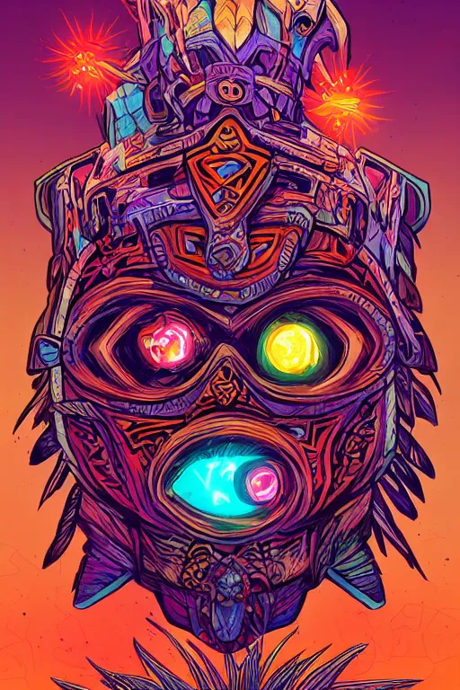 Image similar to totem animal tribal chaman vodoo mask feather gemstone plant wood rock video game illustration vivid color borderlands by josan gonzales and dan mumford radiating a glowing aura