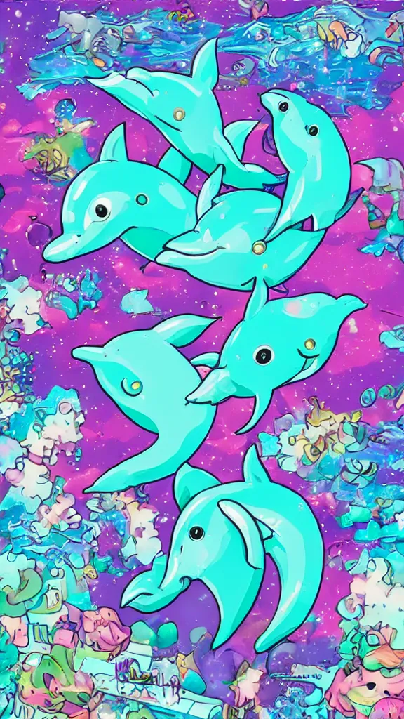 Prompt: y 2 k dolphins, trolls and sparkles, seapunk