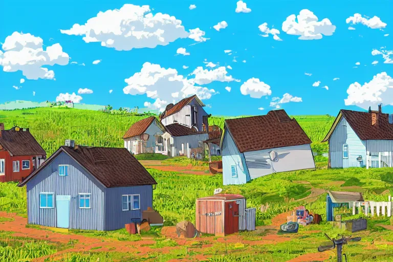 Image similar to rural houses sinking in the ground, clear blue sky, pop illustration, collage, anime style 4 k