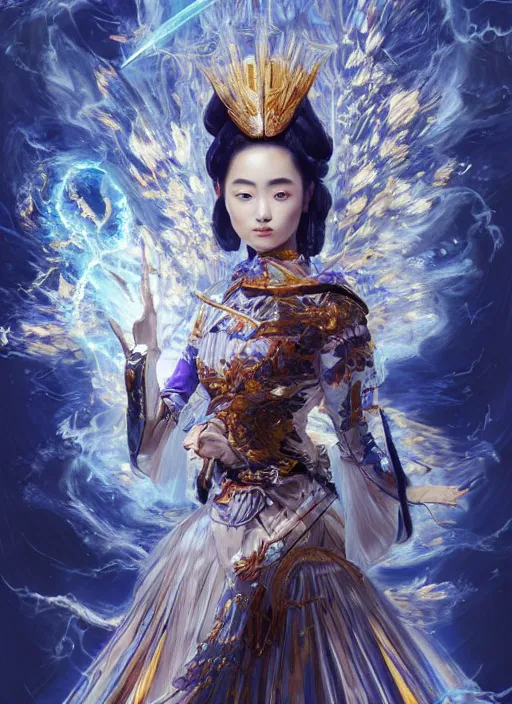 Prompt: portrait of ravishing Japanese Princess Suzu Hirose unleashing a devastating multiversal blazing fireball, battle stance, ready for battle, wearing futuristic luxurious white and little royal blue details suit, captivating, beautiful look, face anatomy, surreal and allegorical, octane render, art by Karol Bak, Karol bak pastiche by Peter Mohrbacher