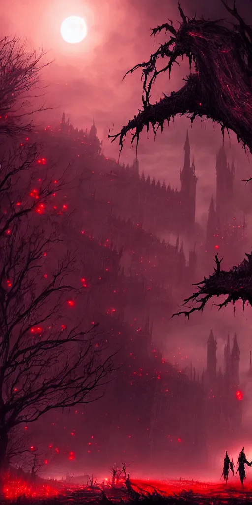 Image similar to abandoned bloodborne old valley with a person at the centre and a ruined gothic city at the end, trees and stars in the background, falling red petals, epic red - orange moonlight, perfect lightning, wallpaper illustration by niko delort and kentaro miura, 4 k, ultra realistic