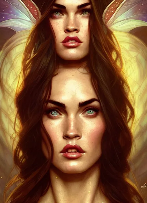 Image similar to portrait of megan fox as fairy, elves, irish, once upon a time, intricate, headshot, highly detailed, digital painting, artstation, concept art, sharp focus, cinematic lighting, illustration, art by artgerm and greg rutkowski, alphonse mucha, cgsociety