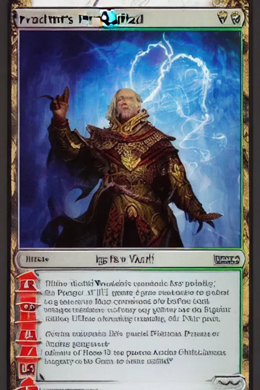 Image similar to a photo showing a magic the gathering card in it's full glory, depicting vladimir putin as a wizzard, 8 k, ultra realistic,