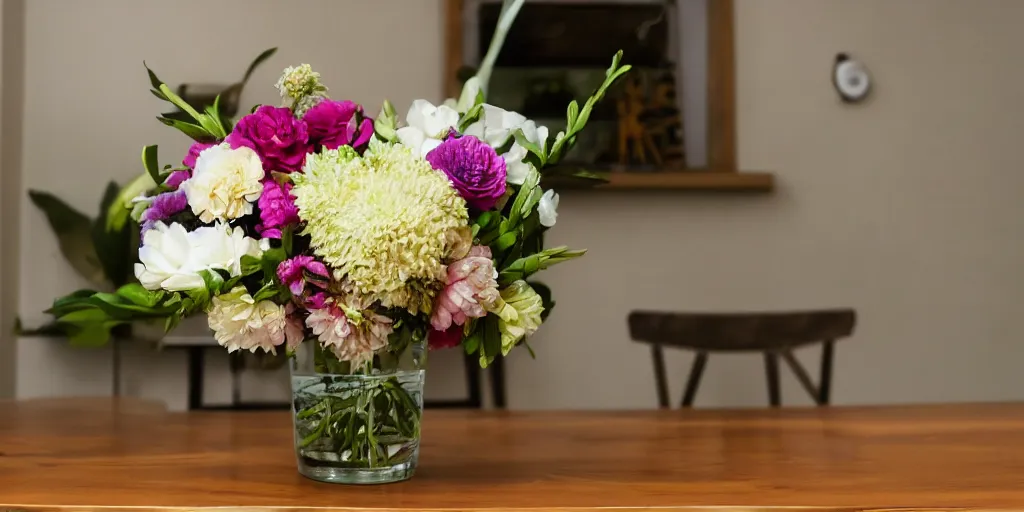Prompt: low angle shot of a flower arrangement in a decorative vase centered on a wood grain table